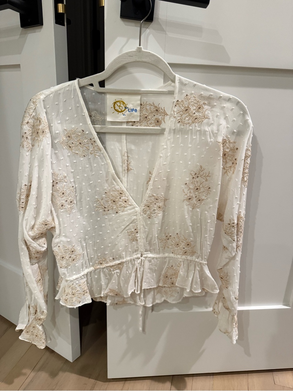 Blue Life Cream Floral Swiss Dot Wrap Top